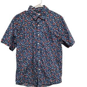 Free Assembly Mens Small Navy Blue Floral Cotton Linen Short Sleeve Button Down